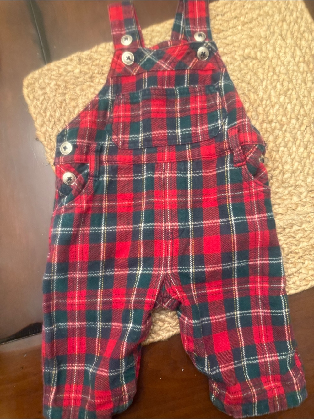 GAP Red and Dark Green Plaid Baby Overalls